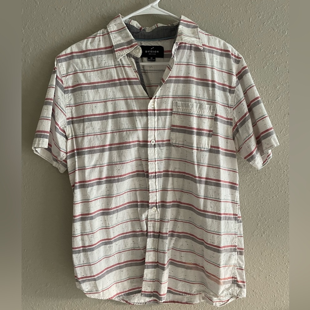Division Men’s Button Down T-Shirt Medium White/Red Strip